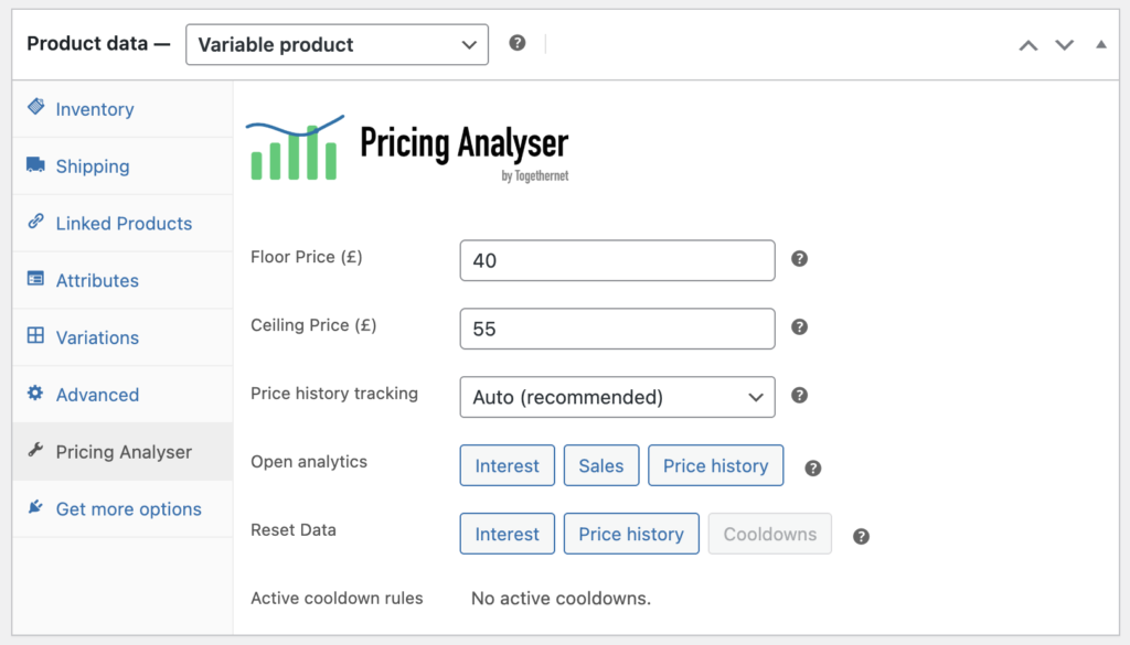 Pricing Analyser product fields panel