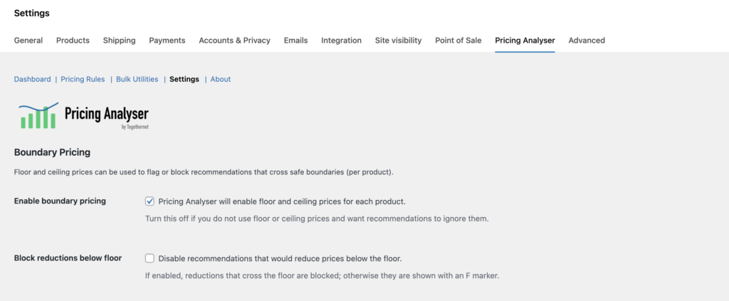 Pricing Analyser Settings